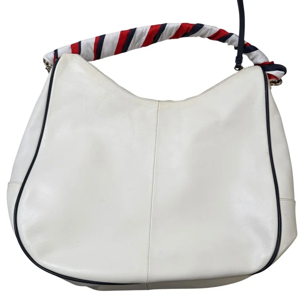 Tommy Hilfiger 100% Leather Cream Hobo Shoulder Bag Scarf‎ Handle White Large